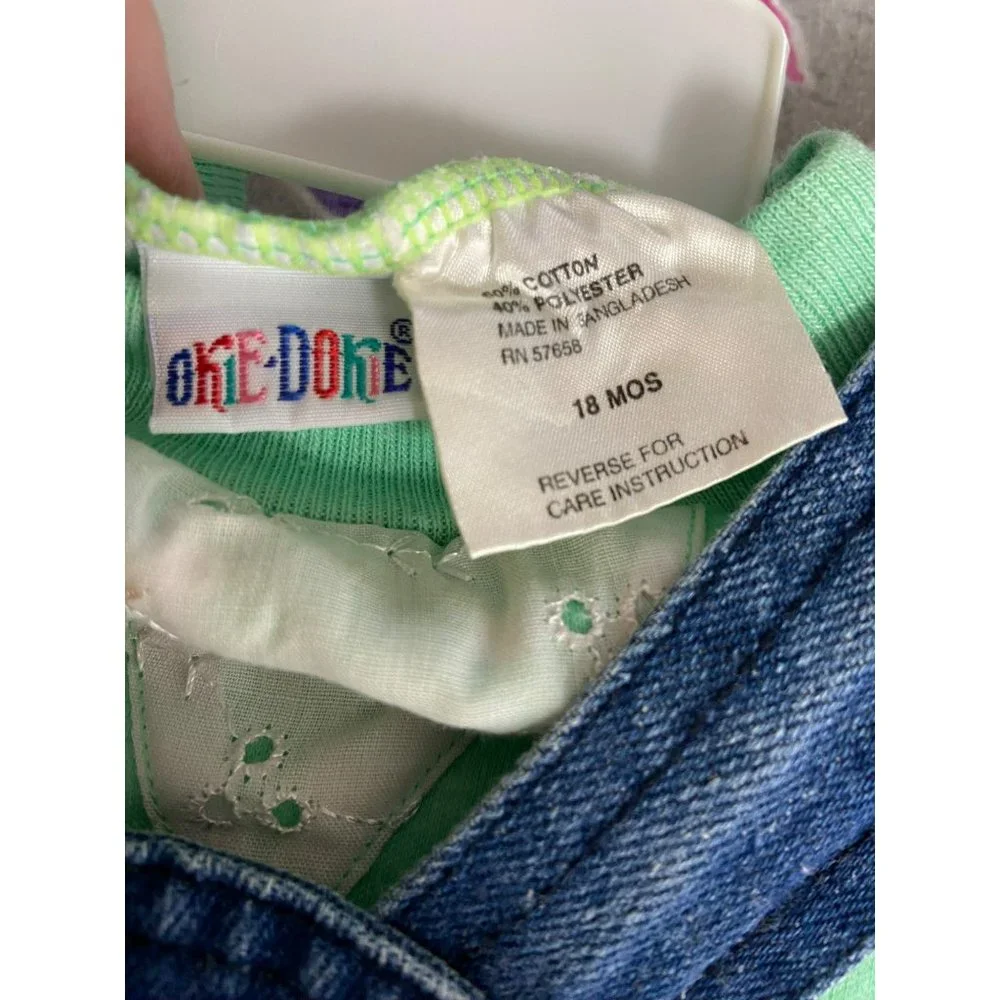 Okie‎ Dokie Garden Girl Blue Jeans Overalls With Green Polka Dotted Shirt Outfit